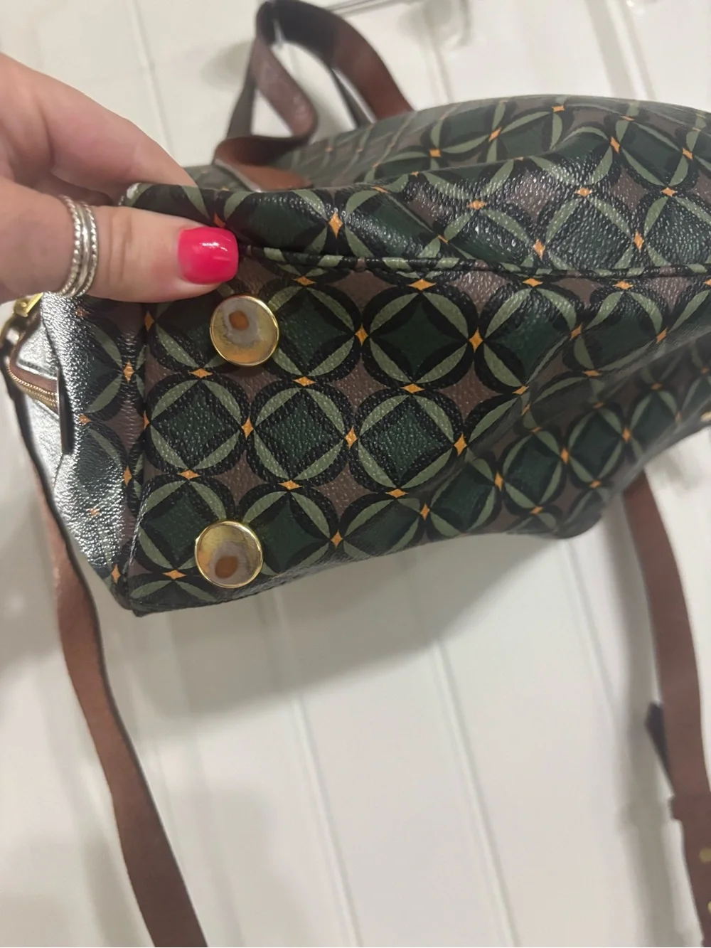 Fossil Green Geometric Dome Satchel with Brown Leather Trim - Picture 2 of 9